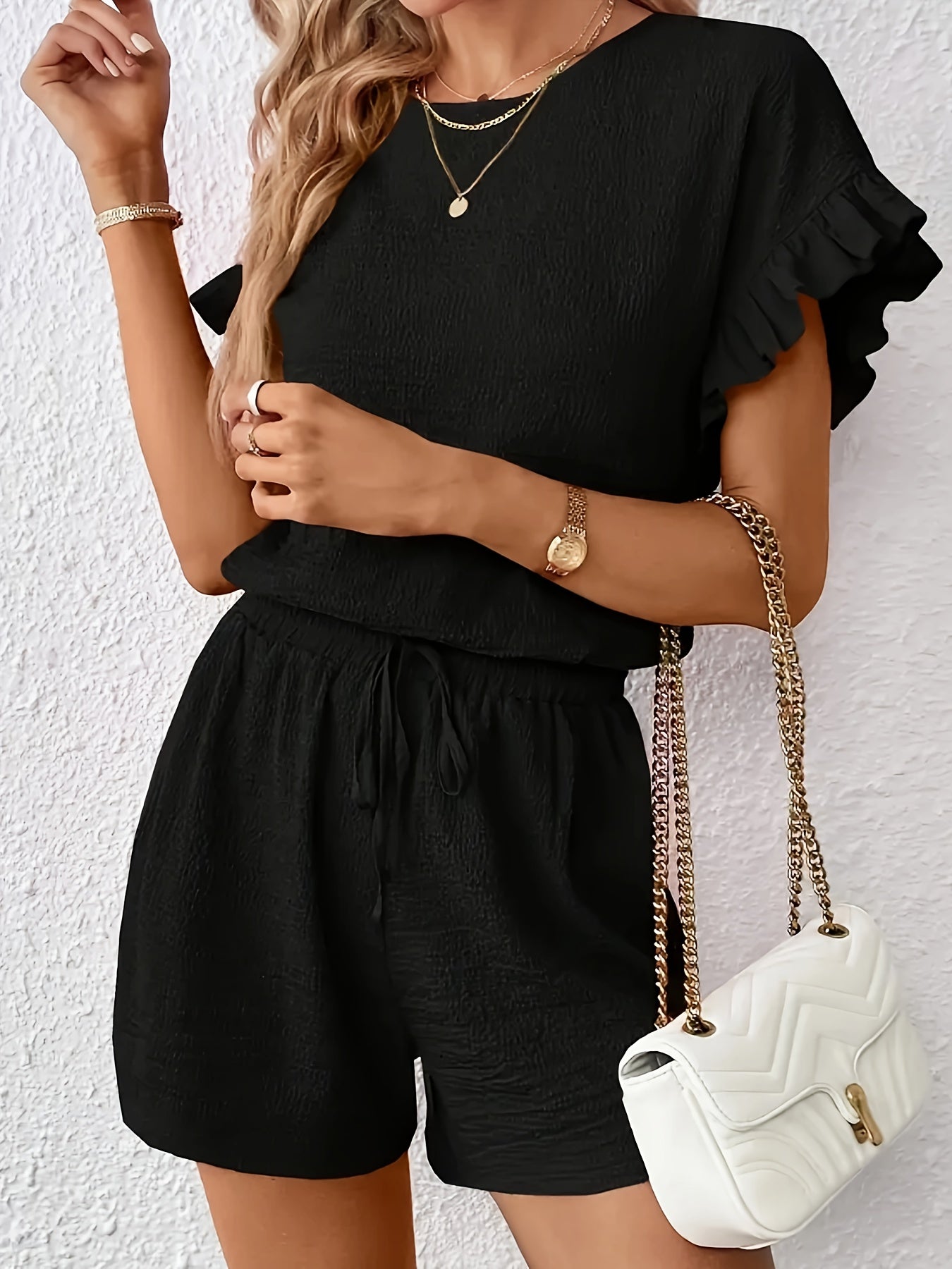 Women's Textured Ruffle Sleeve Top and Drawstring Shorts Set
