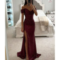 Damen-Abendkleid mit Pailletten, schulterfreiem Ausschnitt und drapierter Silhouette