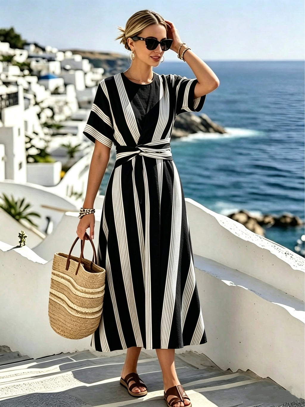 Women's Striped Midi Dress with Waist Detail and Short Sleeves
