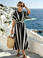 Women's Striped Midi Dress with Waist Detail and Short Sleeves