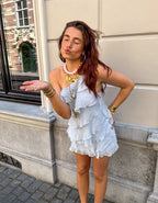 Damen Mini-Kleid mit einer Schulter, Rüschen und locker fließender Passform