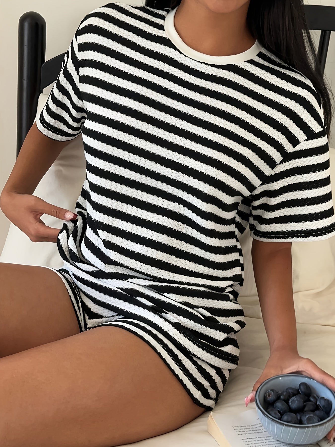 Women's Textured Stripe Lounge Set With Short Sleeve Top And Shorts