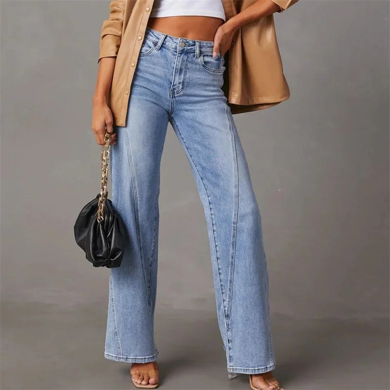 Women's High-Waisted Wide-Leg Jeans with Panel Detailing for Everyday Wear