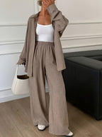 Women's Relaxed Button-Up Shirt and Wide Leg Pants Two-Piece Set