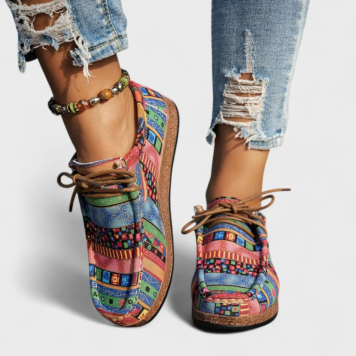 Zapatos casuales cómodos para mujer con patrón de patchwork y cordones de encaje