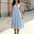 Women's Striped Midi Dress with V-Neck and A-Line Silhouette