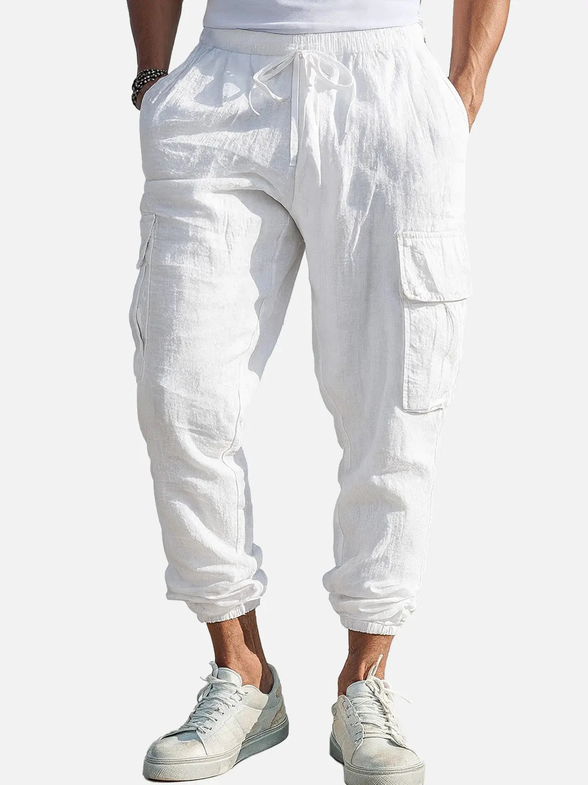 Men Lightweight Linen Blend Cargo Joggers with Relaxed Fit and Drawstring Waist