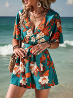 Women's Tropical Floral Belted Short Sleeve Romper