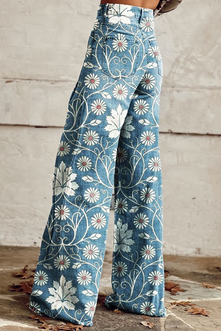 Blommiga jeans med vida ben för kvinnor