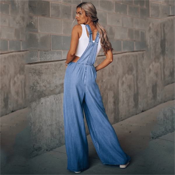 Damen Denim-Overall mit weitem Bein und verstellbarem Trägerdesign