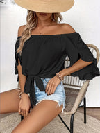 Women's Off-Shoulder Tie Front Ruffle Sleeve Blouse