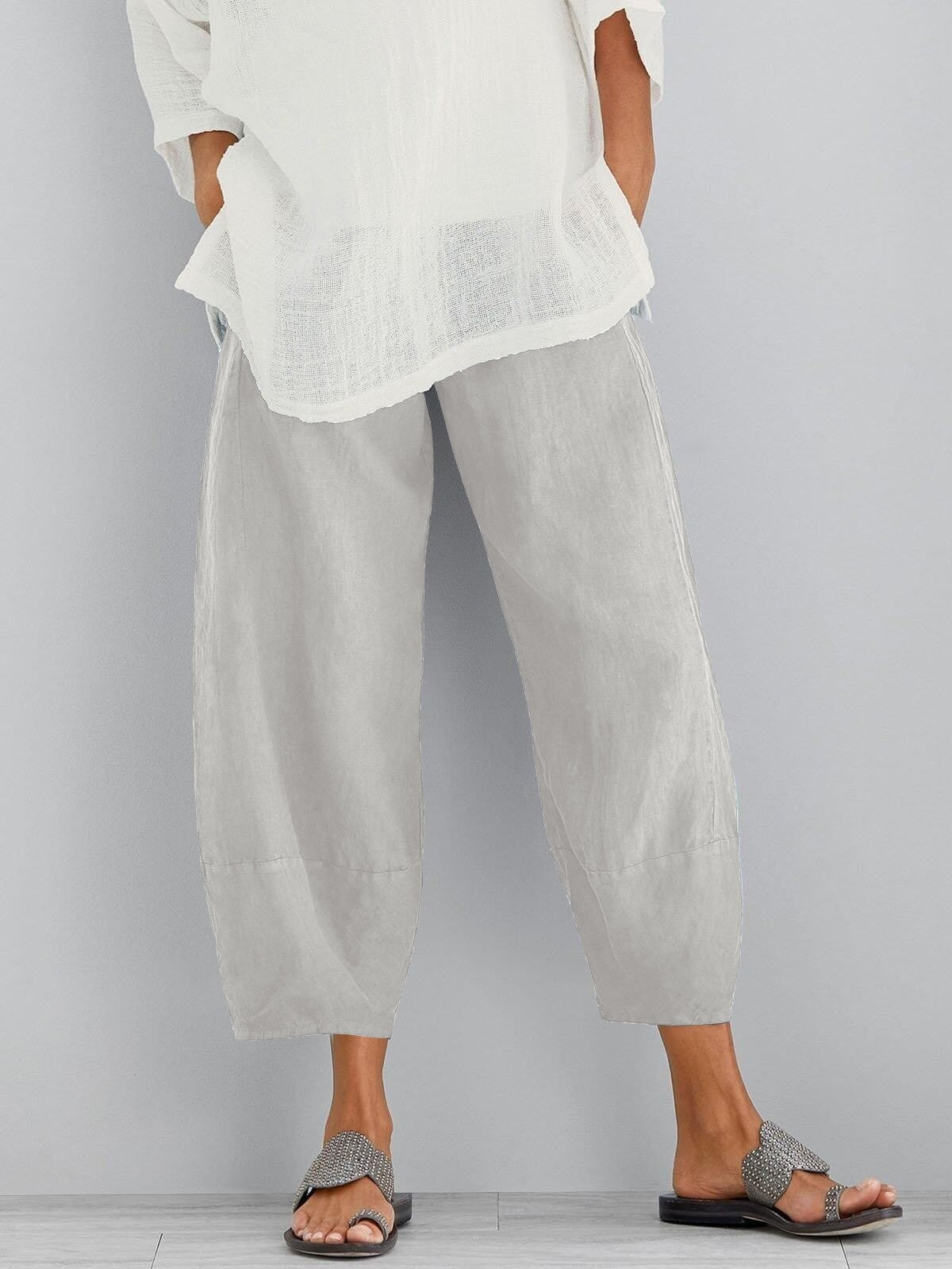 Damen Cropped-Hose aus Baumwoll-Leinen mit elastischem Bund und Taschen