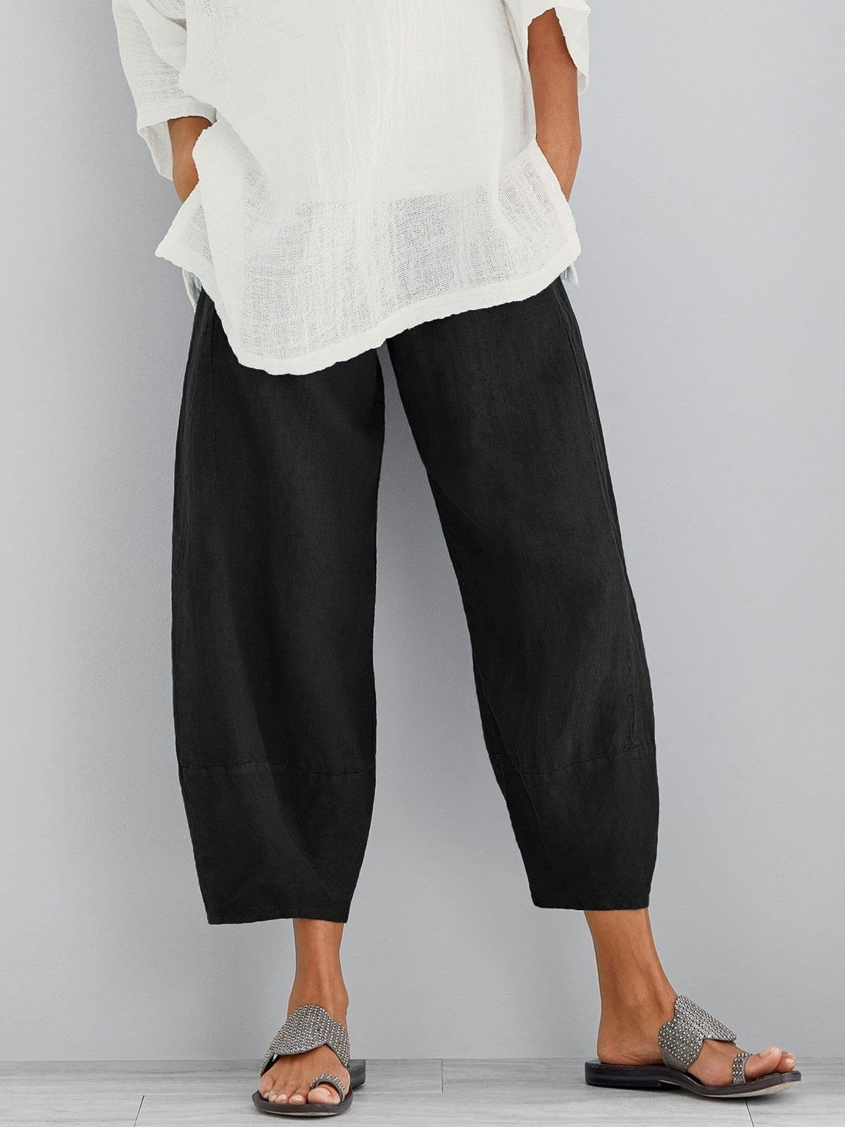 Damen Cropped-Hose aus Baumwoll-Leinen mit elastischem Bund und Taschen