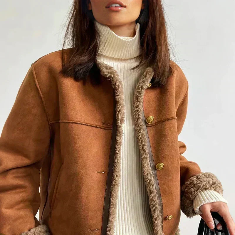 Chaqueta informal de ante sintético para mujer con botones delanteros