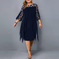 Women's Lace Sleeve Midi Dress with Layered Hem for Elegant Occasions