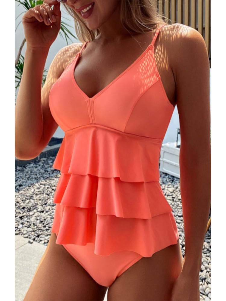 Women's V-Neck Ruffle Swimsuit with Adjustable Straps for Beachwear