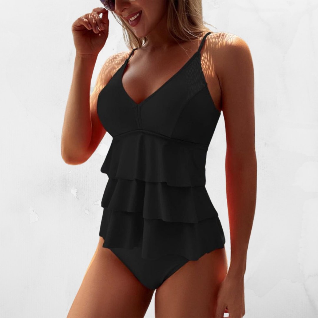 Women's V-Neck Ruffle Swimsuit with Adjustable Straps for Beachwear
