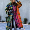 Abrigo largo de invierno de cuadros para mujer con cuello de solapa