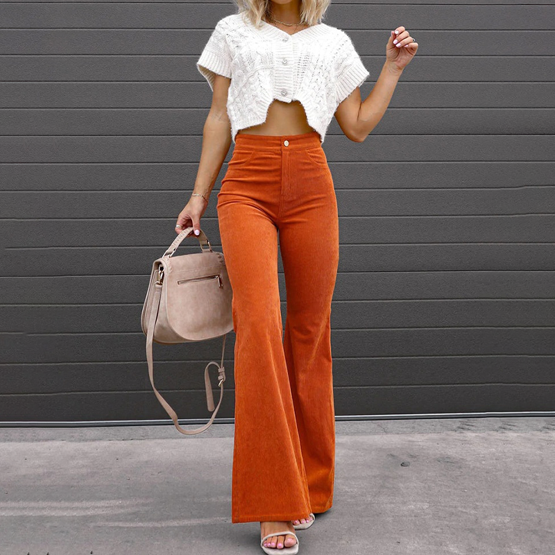 Women's High-Waisted Flared Trousers with Corduroy Texture for Everyday Wear