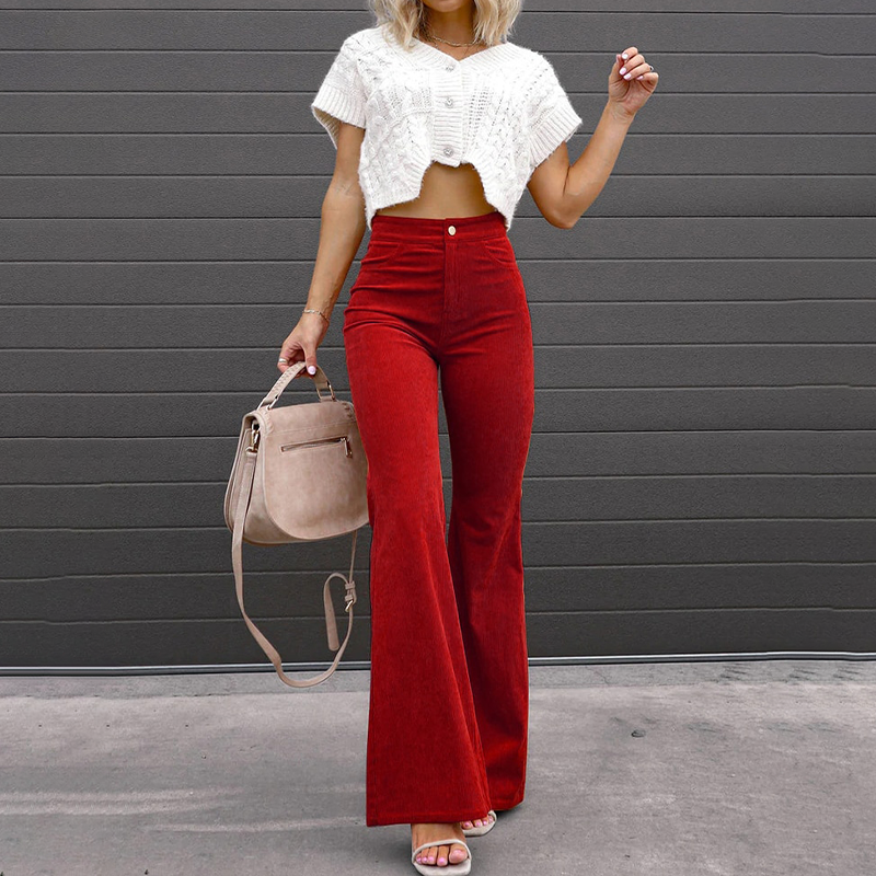 Women's High-Waisted Flared Trousers with Corduroy Texture for Everyday Wear