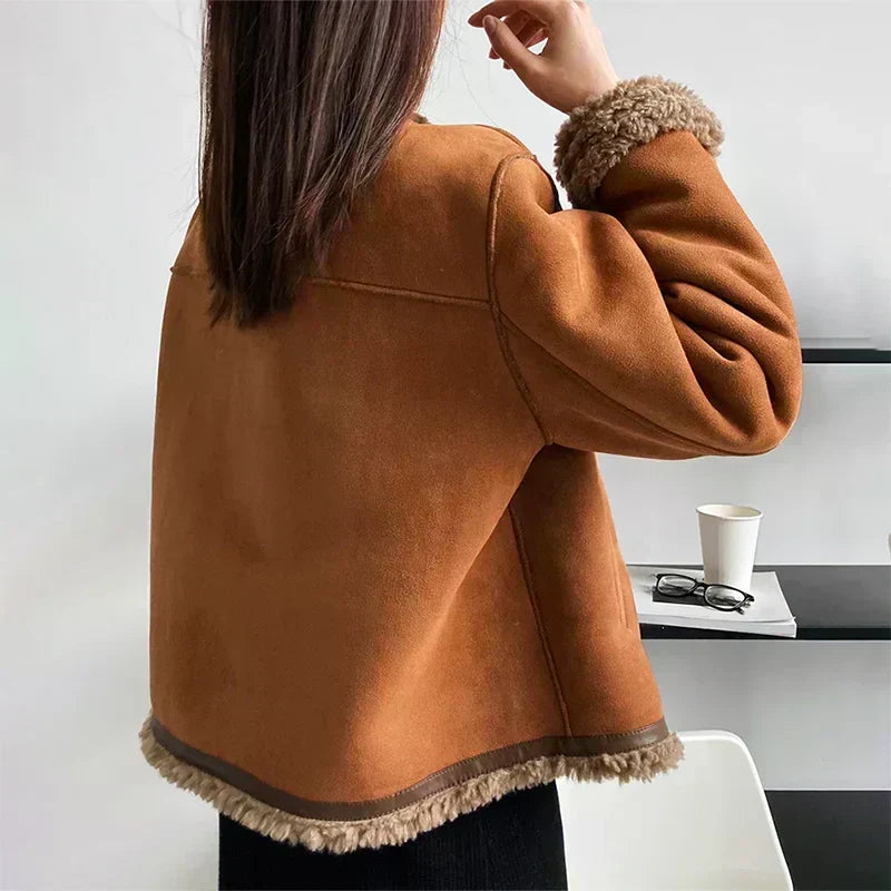 Chaqueta informal de ante sintético para mujer con botones delanteros