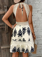 Women's Floral Lace Trim Halter Midi Dress
