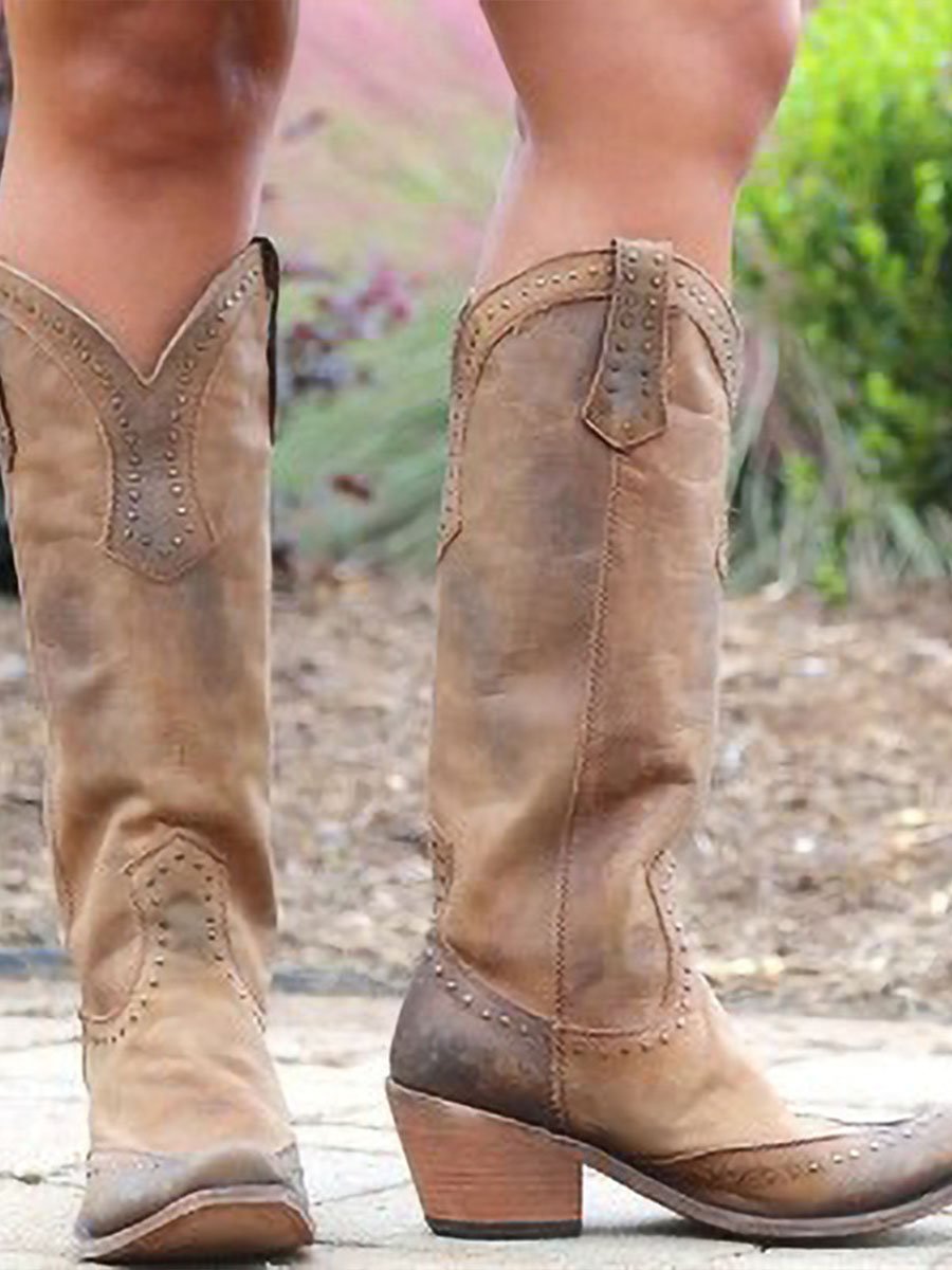 Women Vintage Cowboy Boots with Studded Detail and Distressed Finish