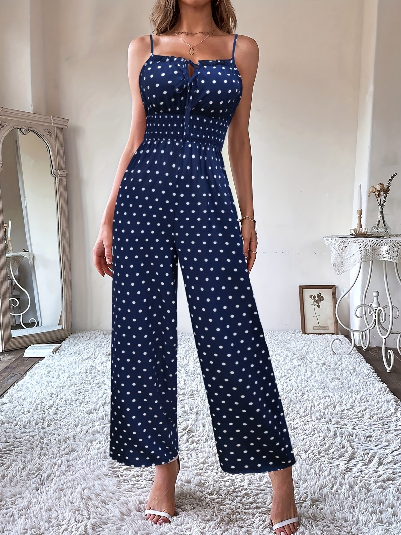 Women's Polka Dot Smocked Waist Wide Leg Jumpsuit