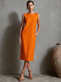 Women's Sleeveless Round Neck Midi Dress with Pockets