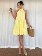 Women's Striped Halterneck Mini Dress with Tiered Hem and Loose Fit