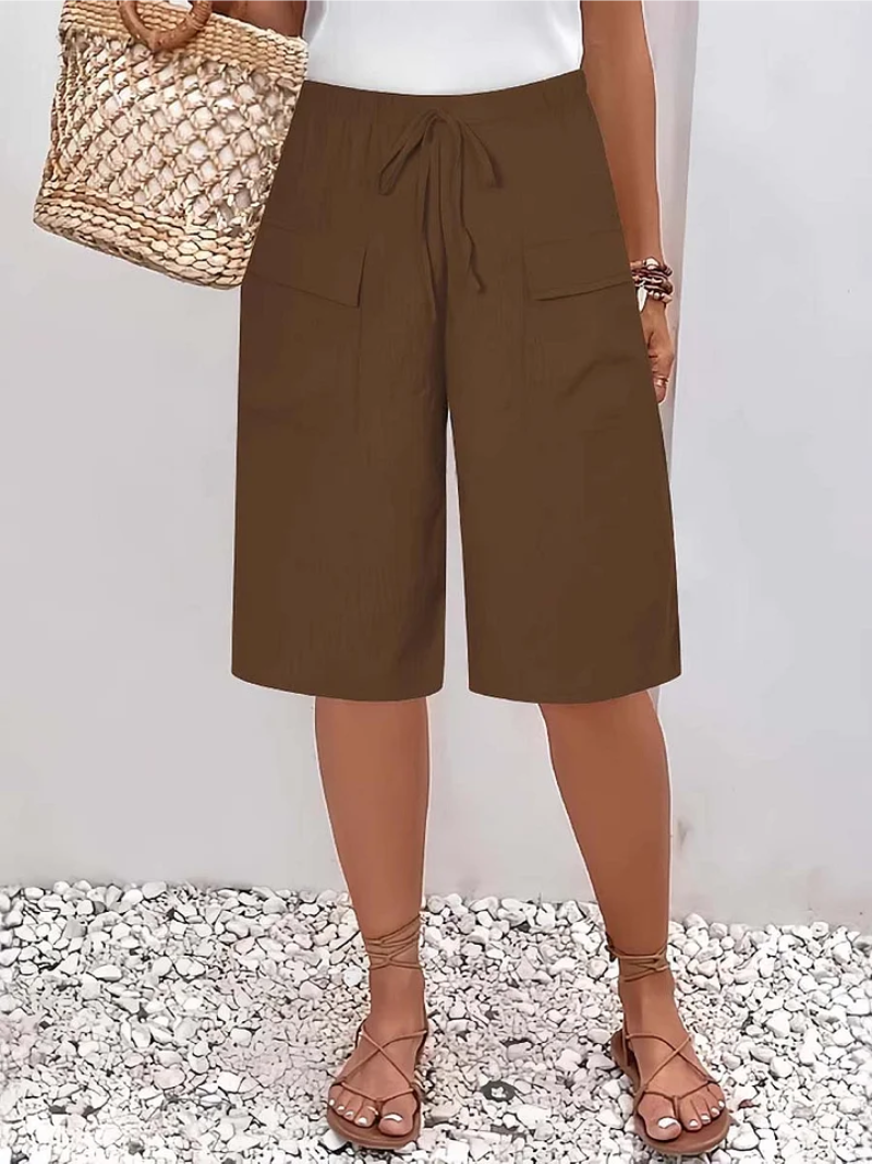Damen lockere Shorts knielang mit Kordelzugbund und Cargotaschen