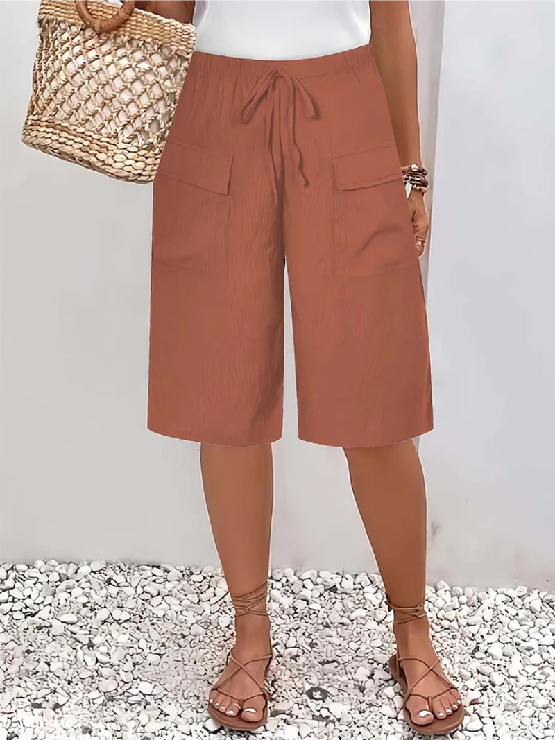 Damen lockere Shorts knielang mit Kordelzugbund und Cargotaschen