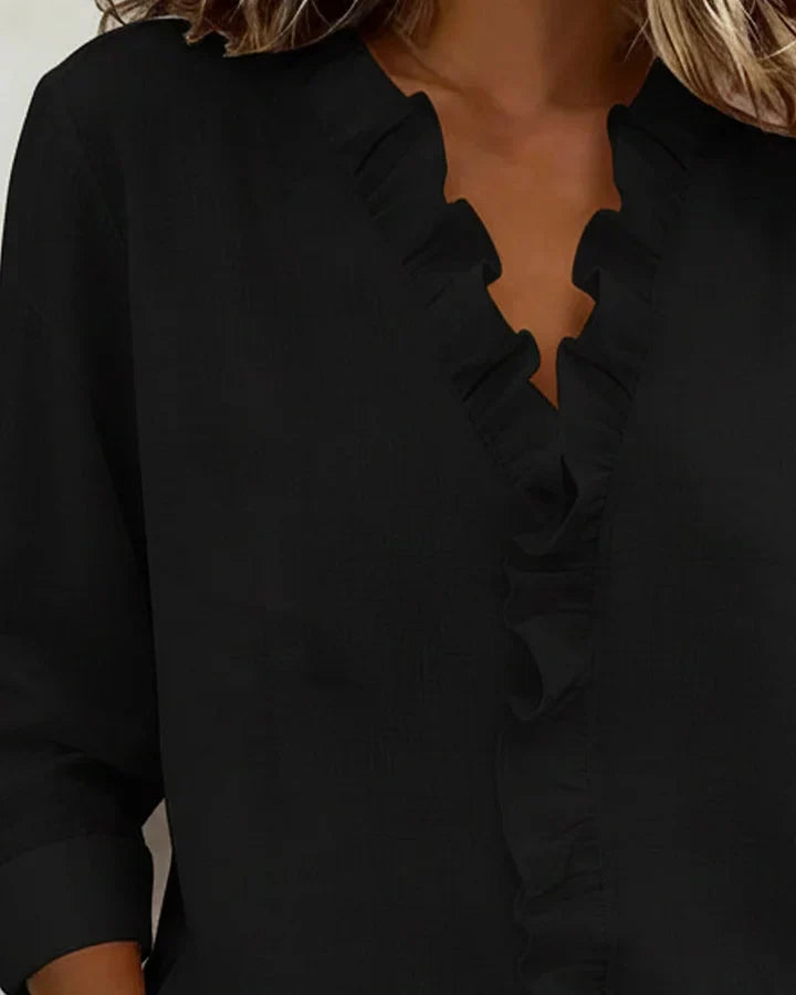 Women's Ruffle V-Neck Blouse with Long Sleeves for Elegant Everyday Wear
