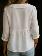 Women's Cotton Linen Blouse with Rounded Collar and Button-Front Design