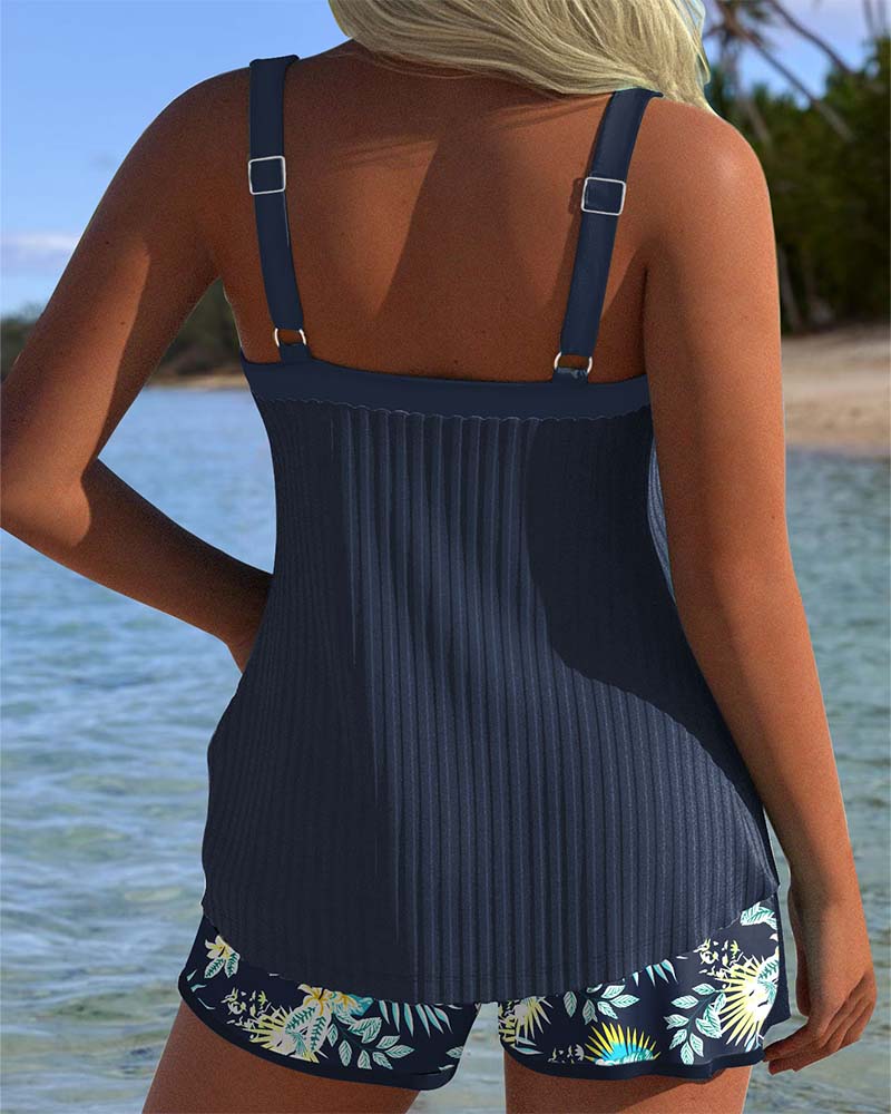 Women's Ribbed Tankini Swim Top and Tropical Print Shorts Set