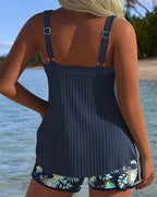 Women's Ribbed Tankini Swim Top and Tropical Print Shorts Set
