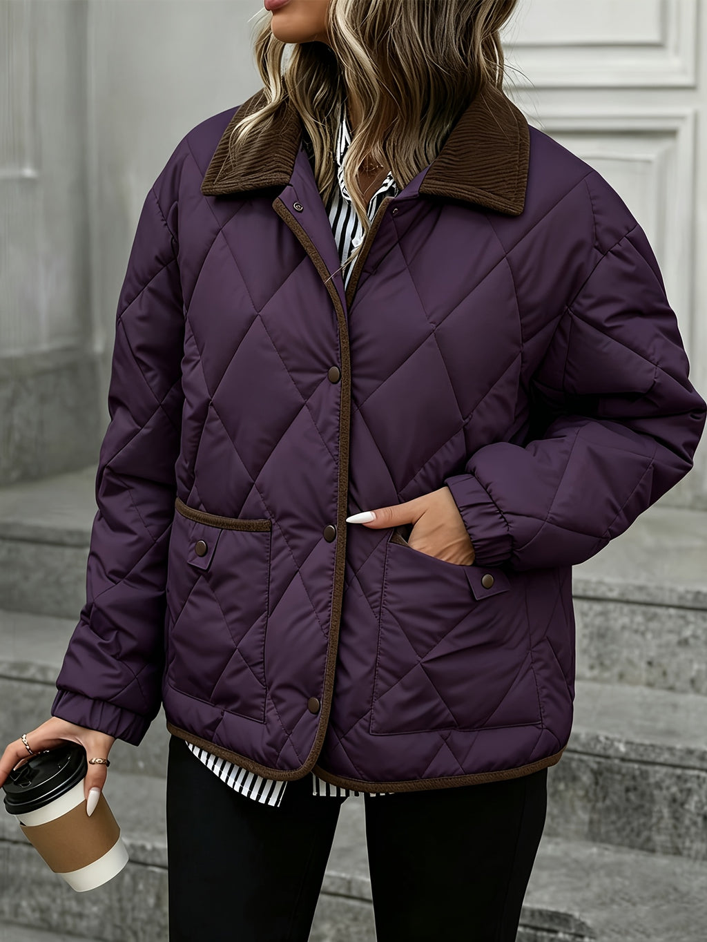 Chaqueta acolchada de rombos para mujer con cuello en contraste