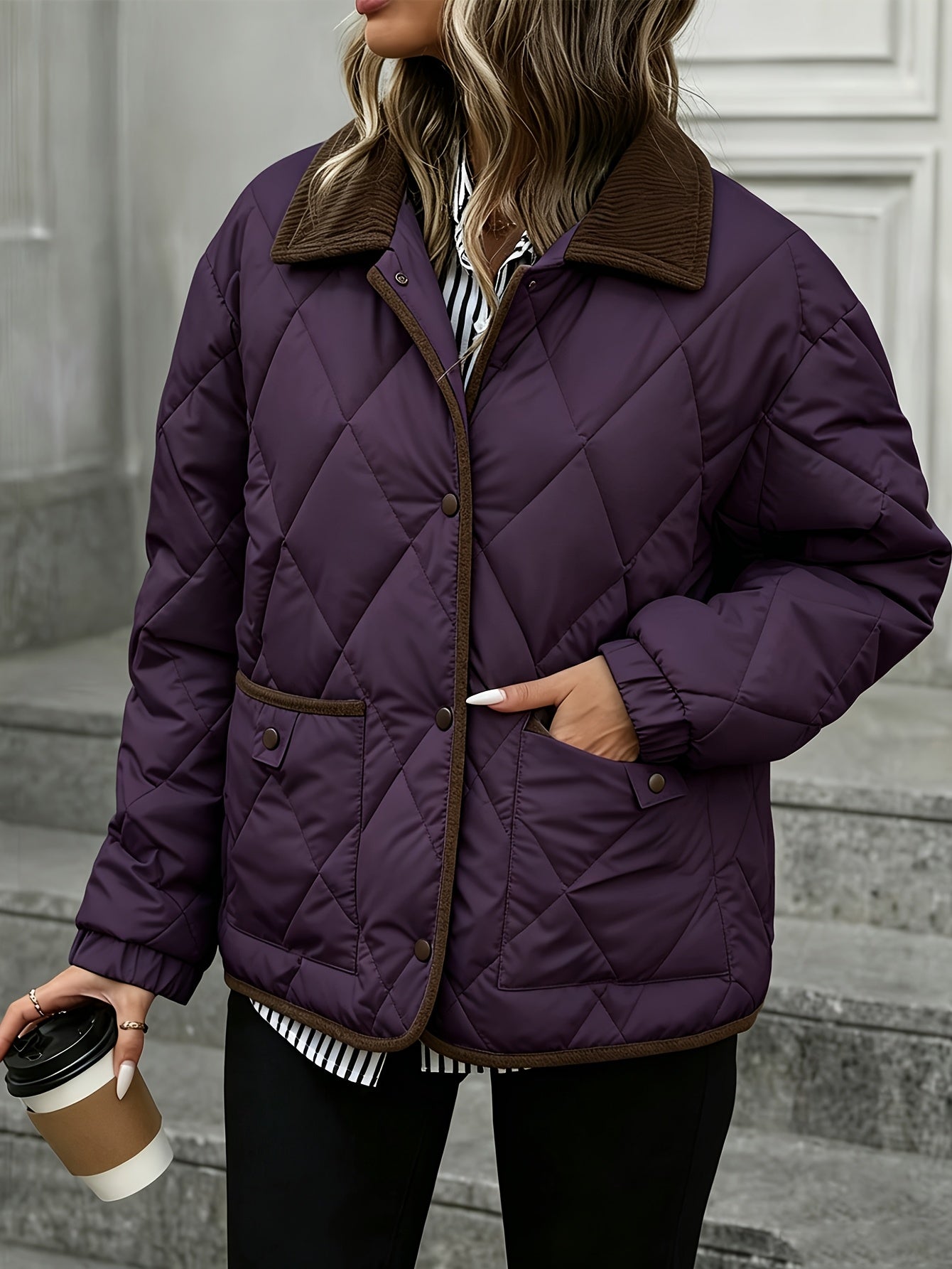 Chaqueta acolchada de rombos para mujer con cuello en contraste