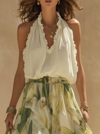 Women's Floral Two-Piece Set with Halterneck Top and Maxi Skirt