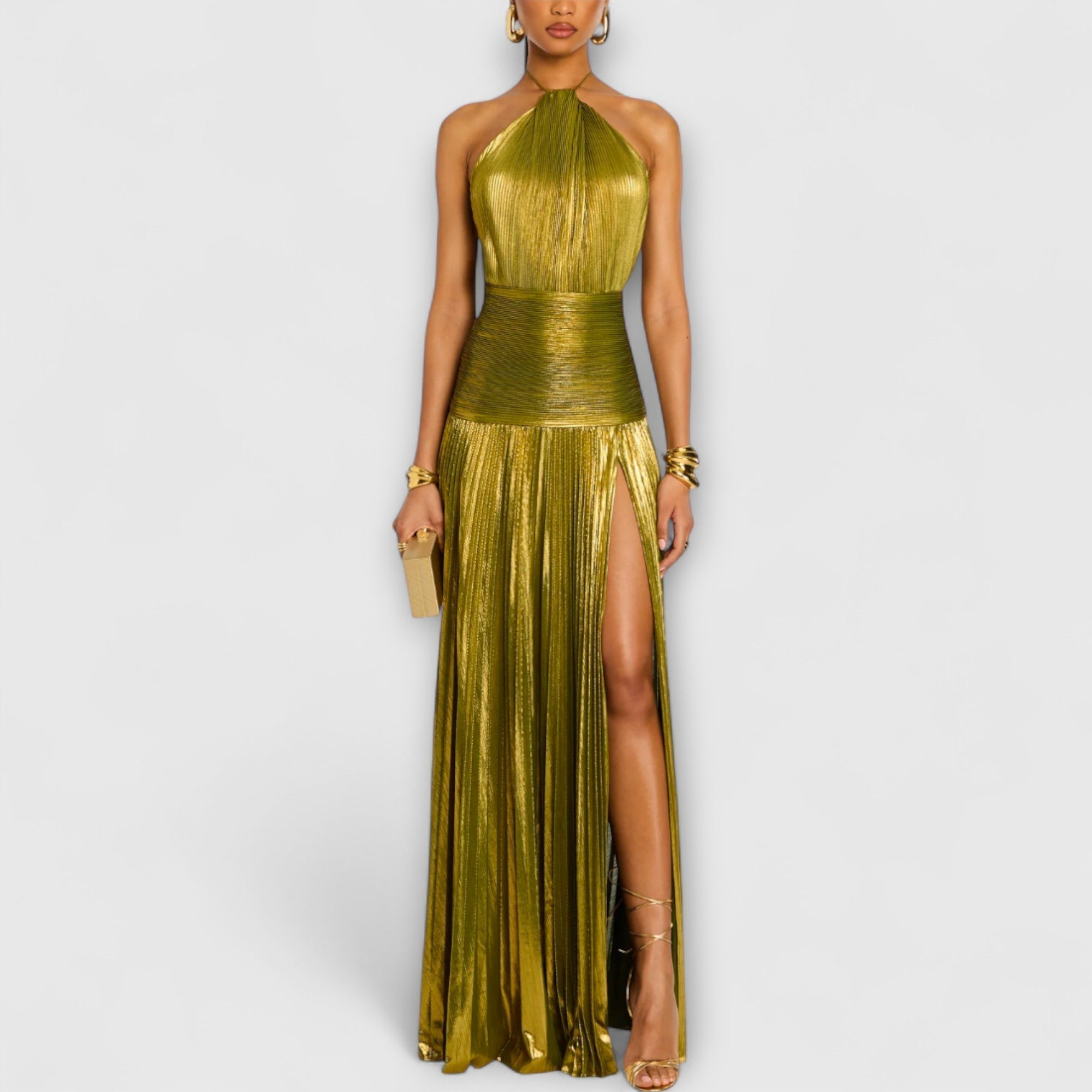 Women's Pleated Halter Evening Dress with High Slit for Elegant Occasions