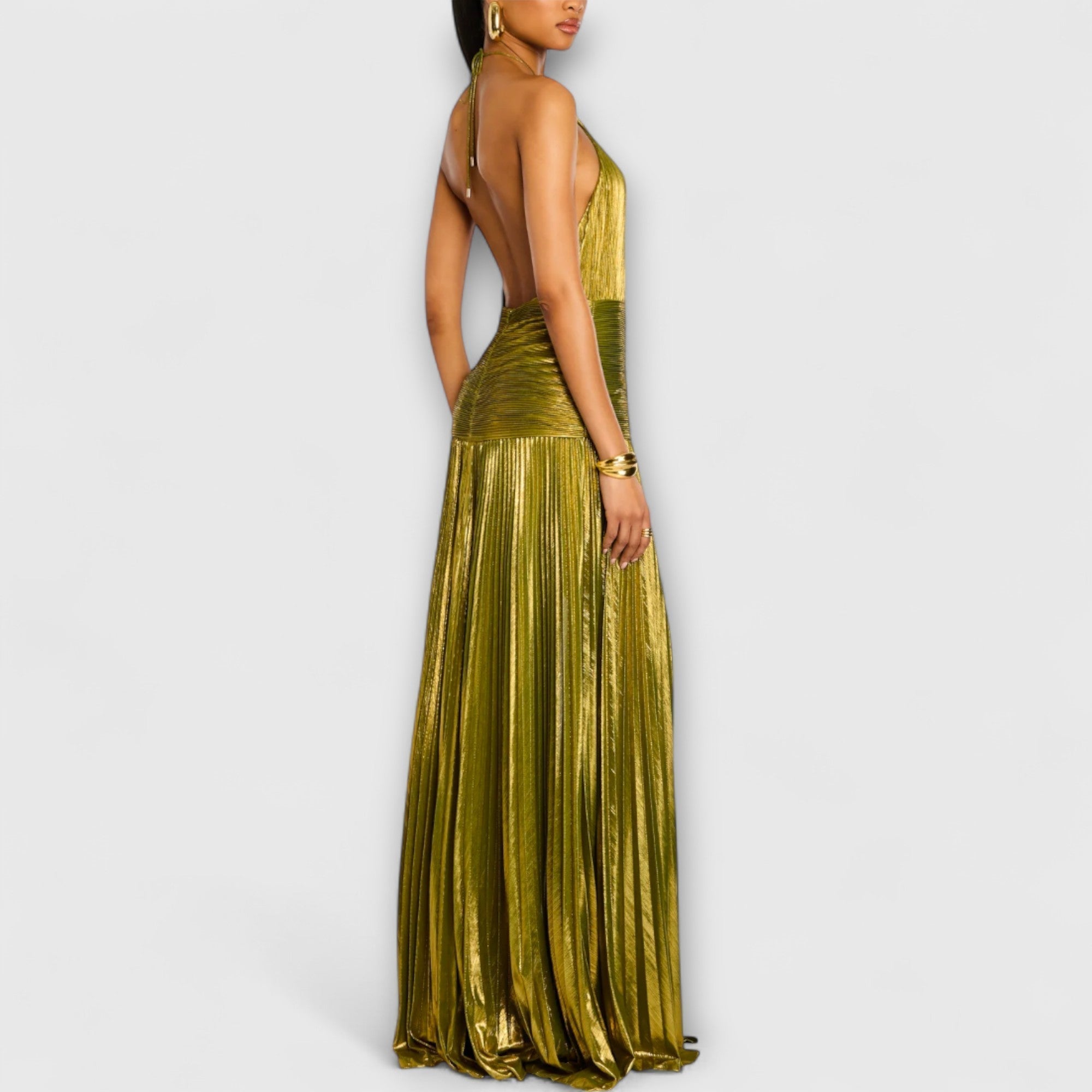 Women's Pleated Halter Evening Dress with High Slit for Elegant Occasions