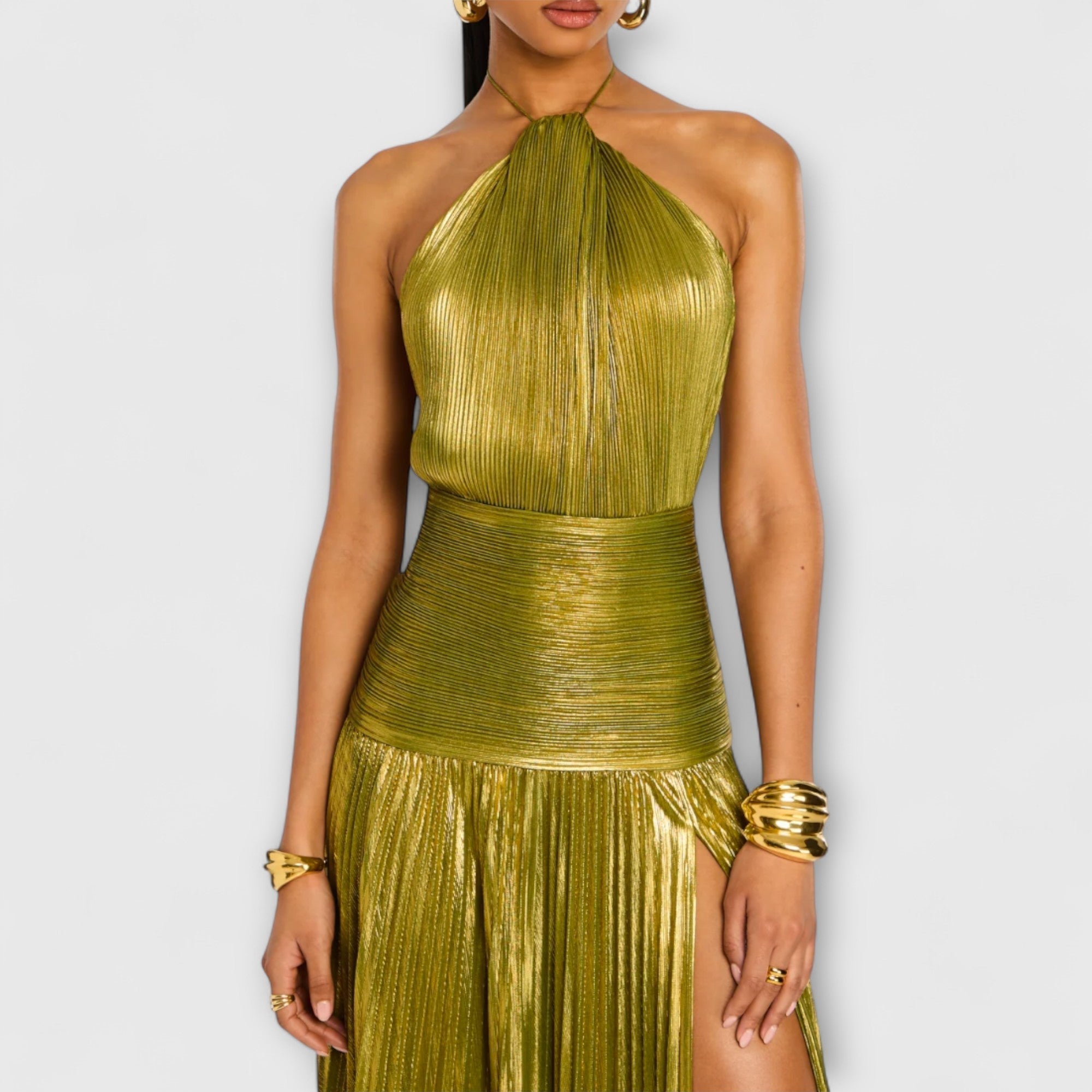 Women's Pleated Halter Evening Dress with High Slit for Elegant Occasions