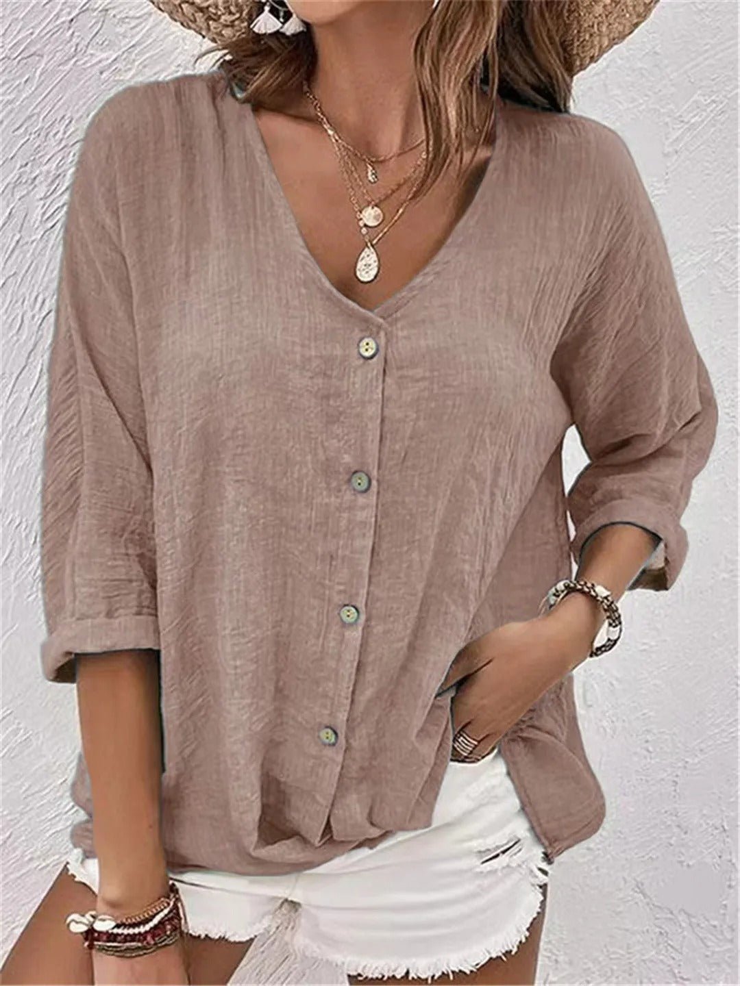 Blouse décontractée à col en V et fermeture boutonnée pour femme
