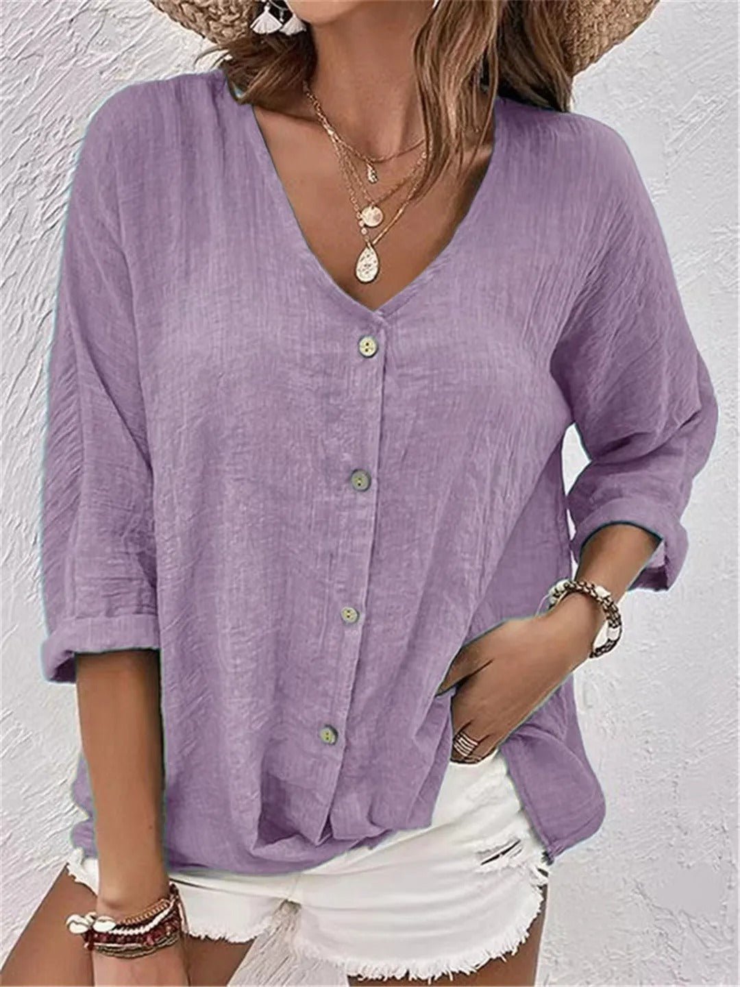 Blouse décontractée à col en V et fermeture boutonnée pour femme