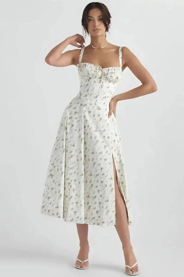 Damen-Midikleid mit Blumenmuster, Korsettoberteil, Seitenschlitz und ausgestelltem Rock