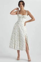 Damen-Midikleid mit Blumenmuster, Korsettoberteil, Seitenschlitz und ausgestelltem Rock