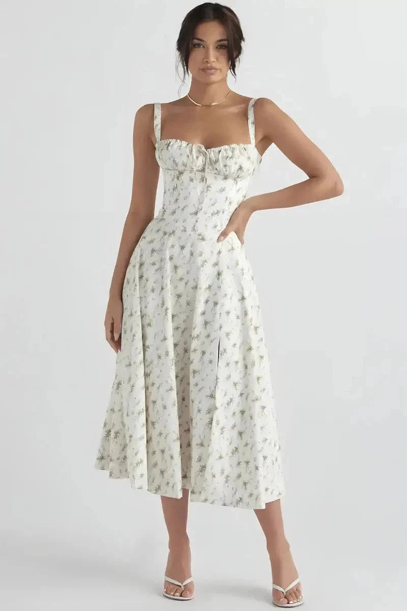 Damen-Midikleid mit Blumenmuster, Korsettoberteil, Seitenschlitz und ausgestelltem Rock