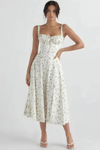 Damen-Midikleid mit Blumenmuster, Korsettoberteil, Seitenschlitz und ausgestelltem Rock