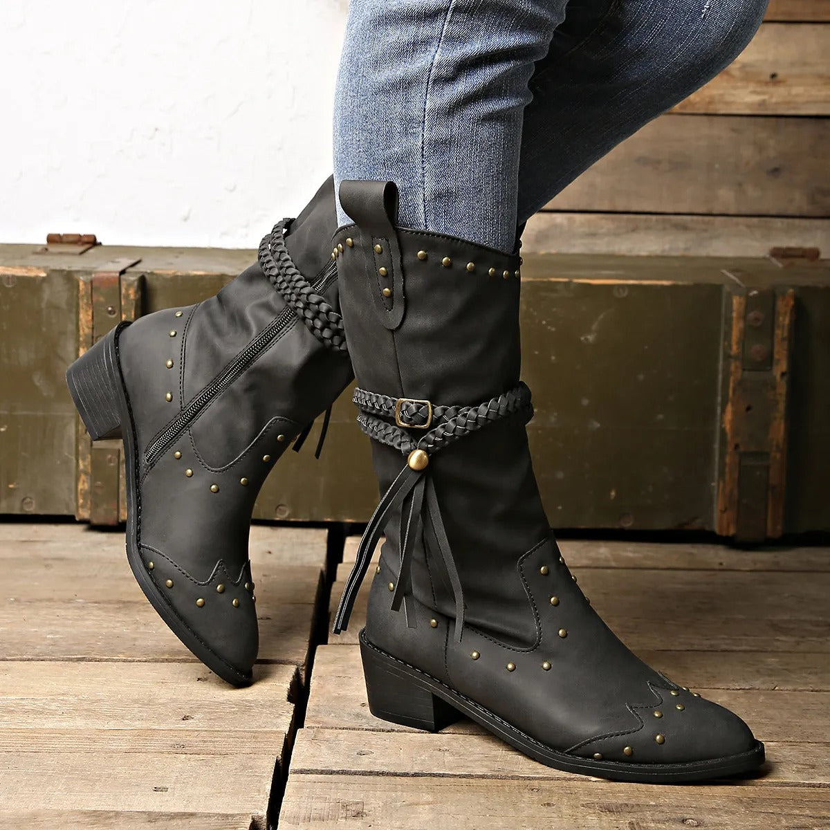 Women's Studded Mid-Calf Western Boots