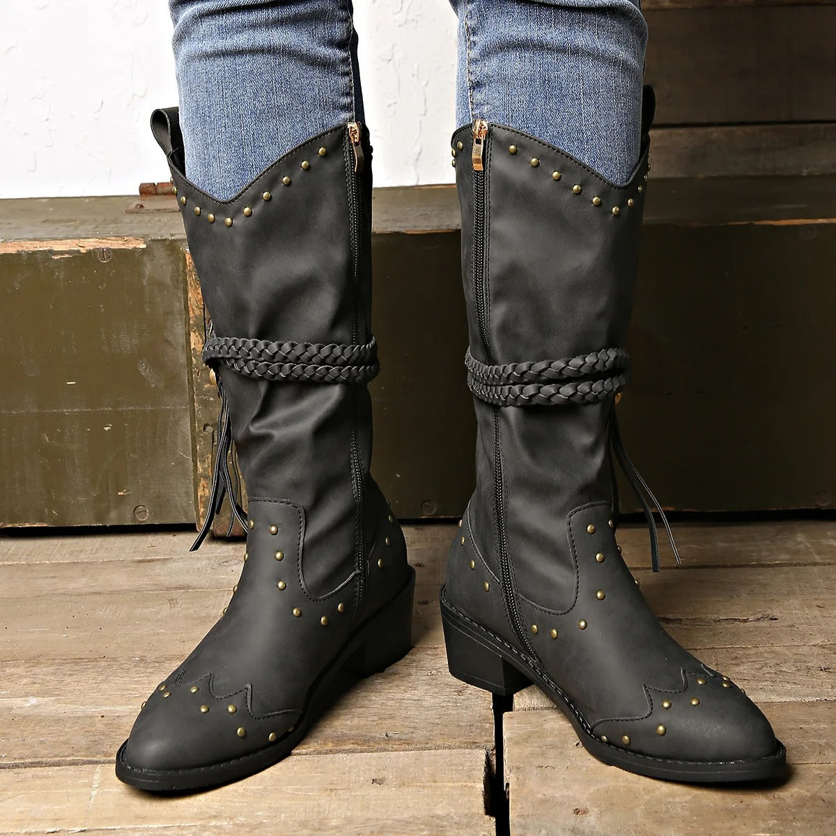 Women's Studded Mid-Calf Western Boots